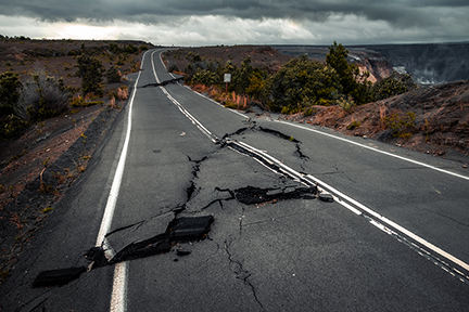 Crack in the road from earthquake