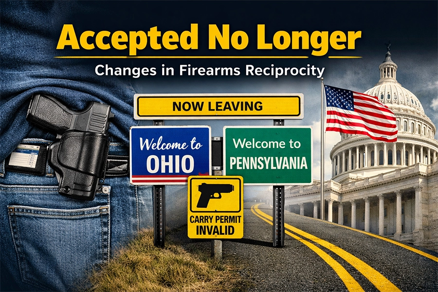 Landscape image showing a concealed handgun in a waistband, interstate “Welcome” signs with “Carry Permit Invalid,” and the U.S. Capitol with flag under the title “Accepted No Longer | Changes in Firearms Reciprocity.”