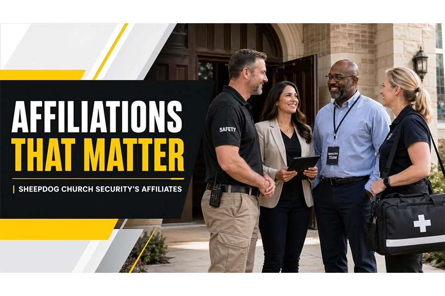 Landscape article image showing church safety and ministry partners gathered outside a church entrance, with bold black, white, and yellow text reading “Affiliations That Matter.”