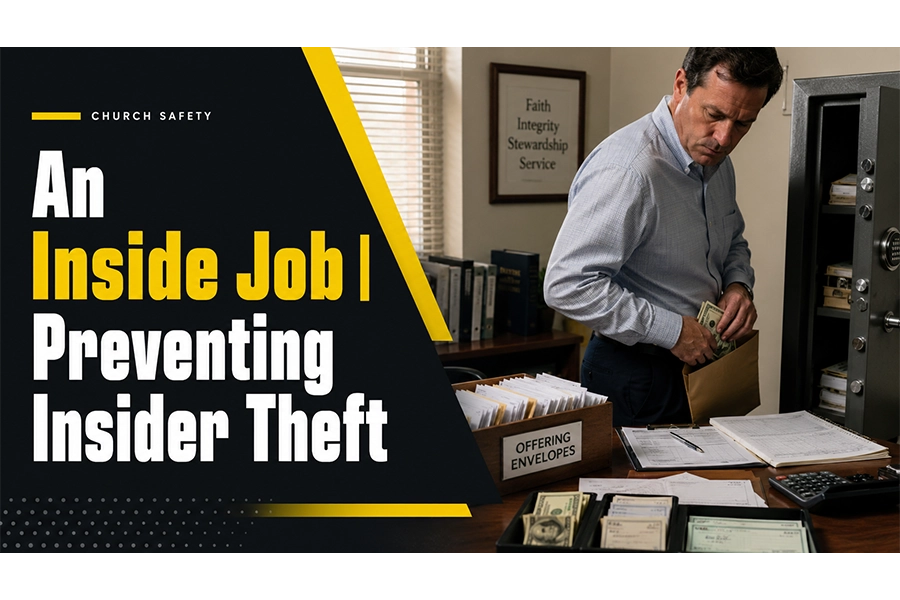 A church office scene showing offering envelopes, cash, checks, financial records, and an open safe, with a bold black-and-yellow title graphic reading “An Inside Job | Preventing Insider Theft.”.