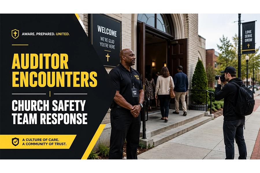 A church safety team member stands calmly near the entrance while congregants enter and a person records from the public sidewalk, emphasizing awareness, restraint, and church safety.
