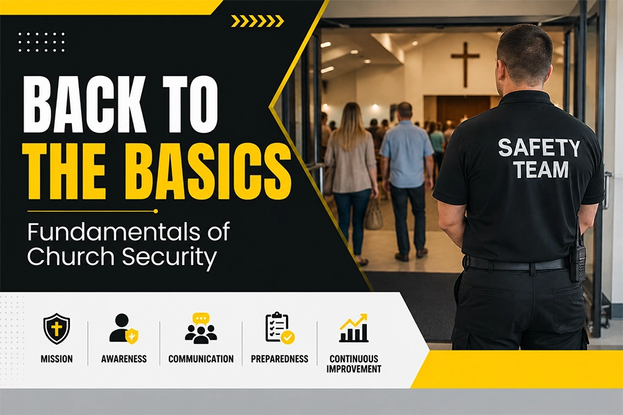 A church safety team member stands watch near a church entrance as congregants enter, paired with bold black-and-yellow graphics highlighting the fundamentals of church security.