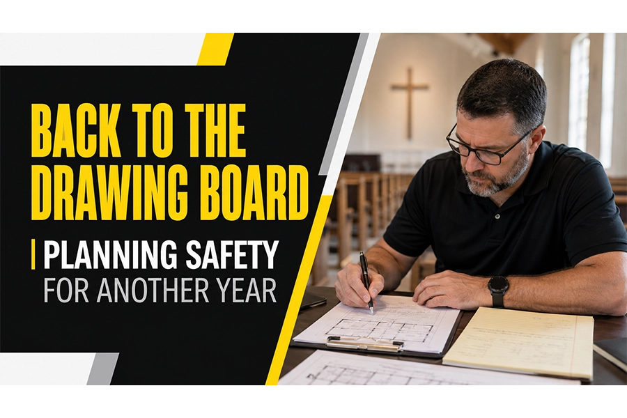 A church safety leader reviews building plans and handwritten notes at a table inside a church, with a cross visible in the background. Bold black, yellow, white, and gray graphics display the title, “Back to the Drawing Board | Planning Safety for Another Year.”