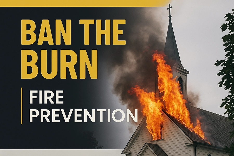  The image shows a white church with a tall steeple engulfed in bright orange flames and thick black smoke rising into the sky. On the left side, bold yellow and white text in Cheddar Gothic and Poppins fonts reads “Ban the Burn | Fire Prevention.” The background combines a dark overlay with vivid fire colors, creating a stark contrast that highlights the urgency of fire safety awareness.