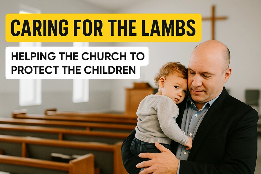 A fatherly church volunteer holds a young child in a peaceful sanctuary, surrounded by wooden pews and a soft-lit cross in the background, conveying safety and care.