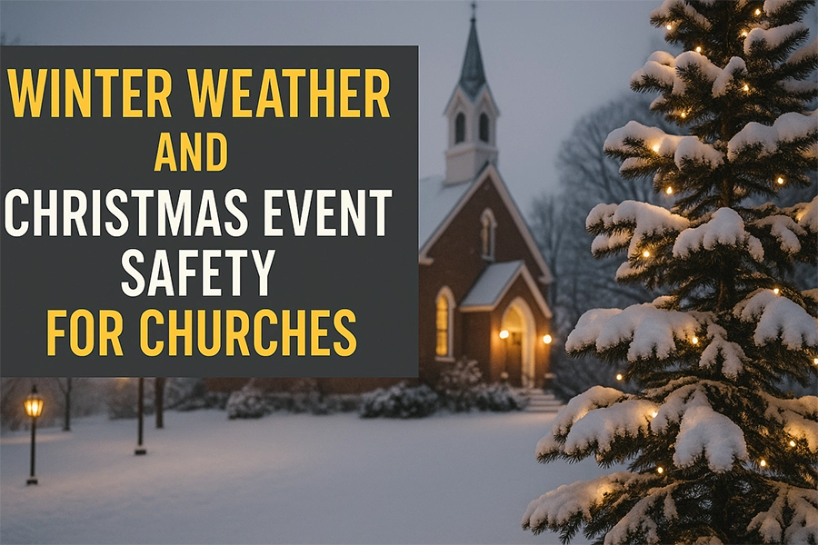 A Christmas Tree in the Snow Outside a Church