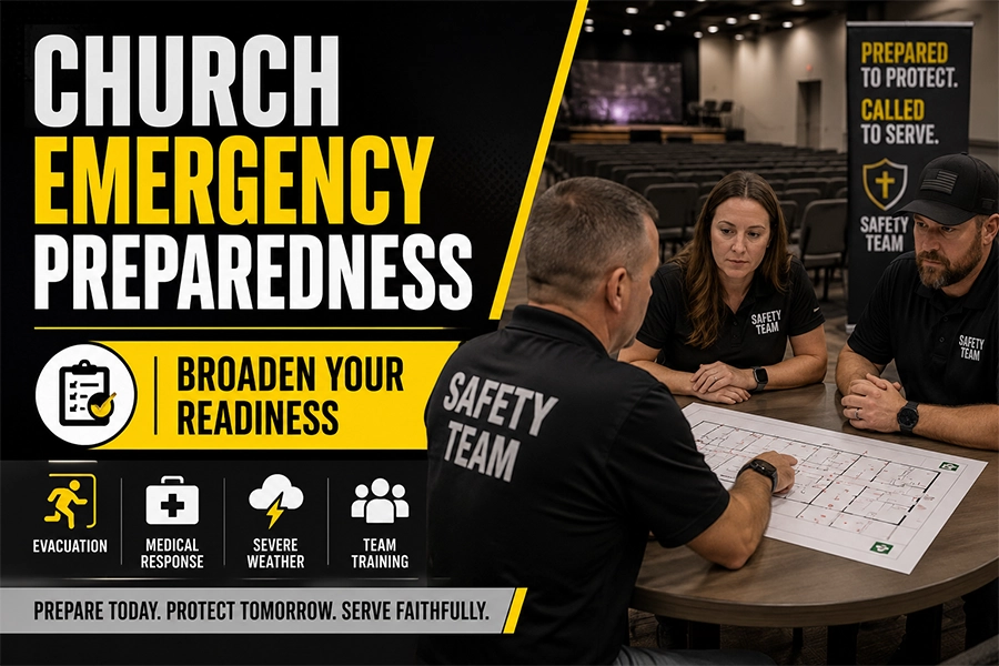  A church Safety Team reviews an emergency response plan together, with bold black, white, and yellow text highlighting church emergency preparedness and broadened readiness.