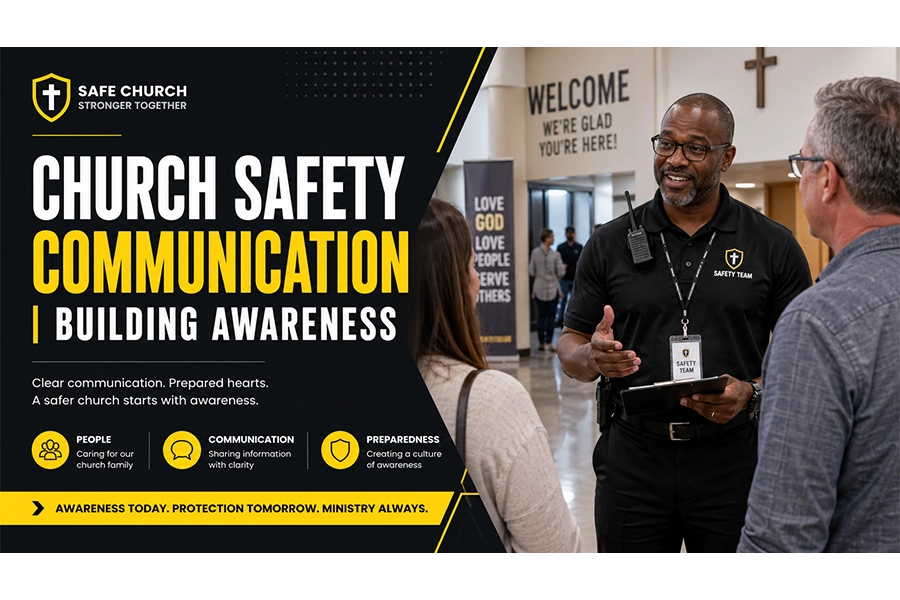 A church safety team member speaks with congregants in a welcoming church lobby, with bold black, white, and yellow text reading “Church Safety Communication | Building Awareness.