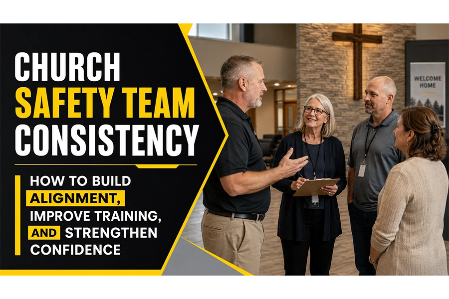 A church Safety Team holds a post-service discussion in a church lobby, with bold black, white, and yellow text about team consistency, alignment, training, and confidence.