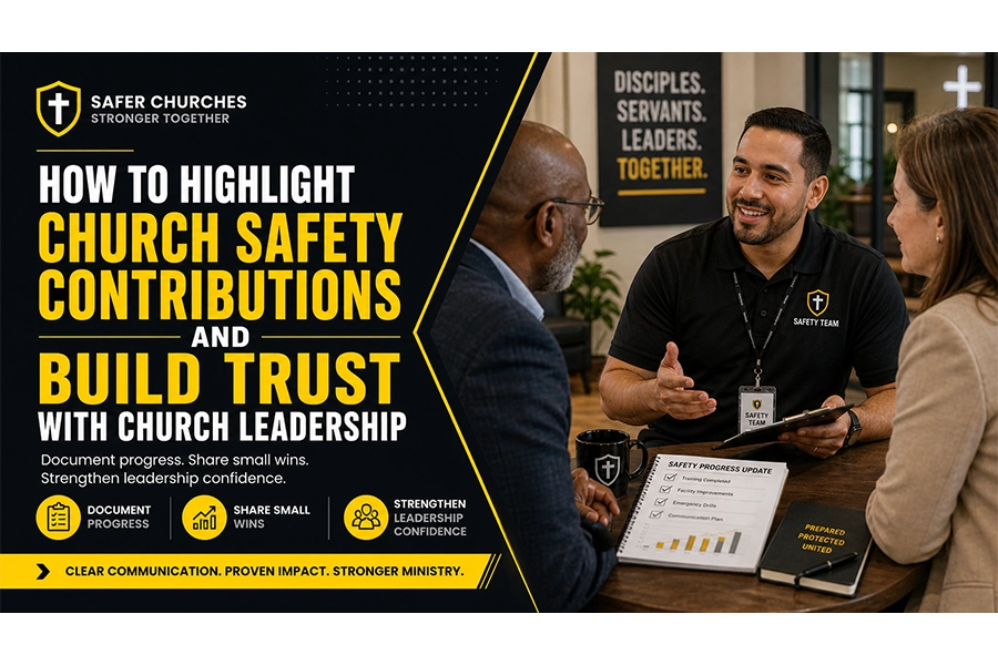 A church safety team member meets with church leaders at a table, reviewing progress reports beside bold black, white, and yellow text about highlighting safety contributions.