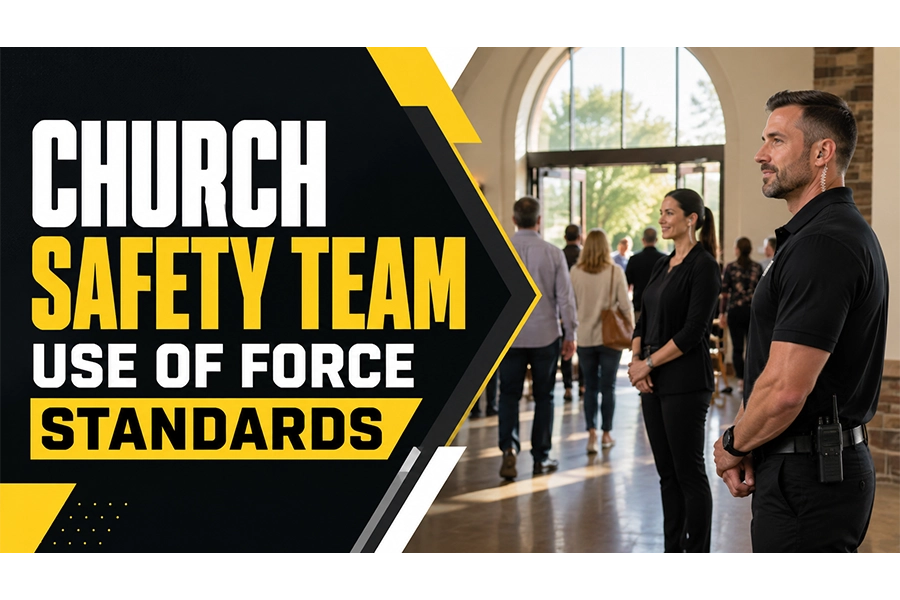 A church safety team stands alert inside a bright church lobby as congregants enter through large glass doors. A male and female Safety Ministry member wear black professional attire and discreet communication earpieces while maintaining a calm, watchful presence. Bold black, white, gray, and yellow graphics frame the title, “Church Safety Team Use of Force Standards,” creating a professional church security training image focused on readiness, restraint, and responsible use of force.