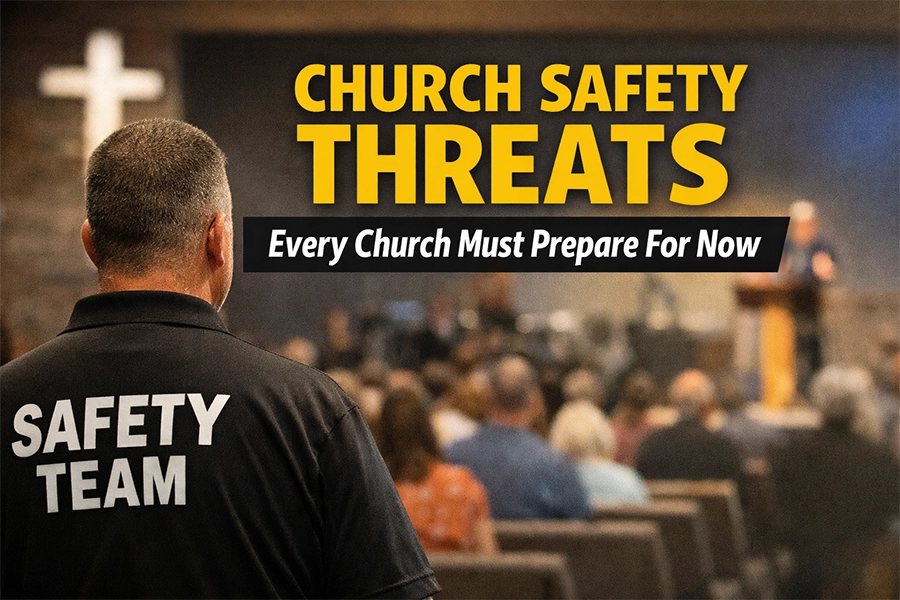 Landscape image showing a church safety team member standing at the back of a sanctuary, watching a seated congregation during a service. Bold yellow and white text reads “Church Safety Threats Every Church Must Prepare For Now,” conveying vigilance, preparedness, and church security awareness.