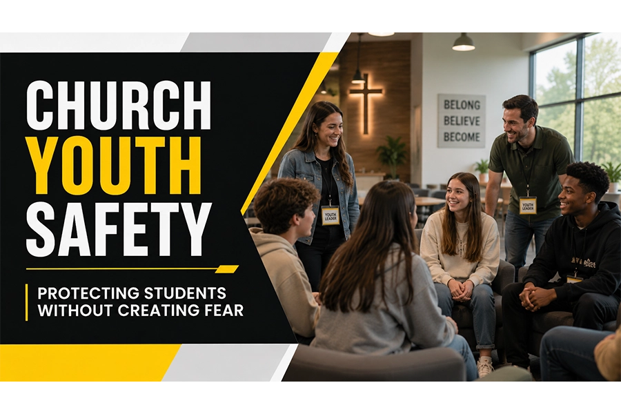 A diverse church youth group meets with adult leaders in a bright ministry room, illustrating safe, welcoming student supervision and church youth safety.