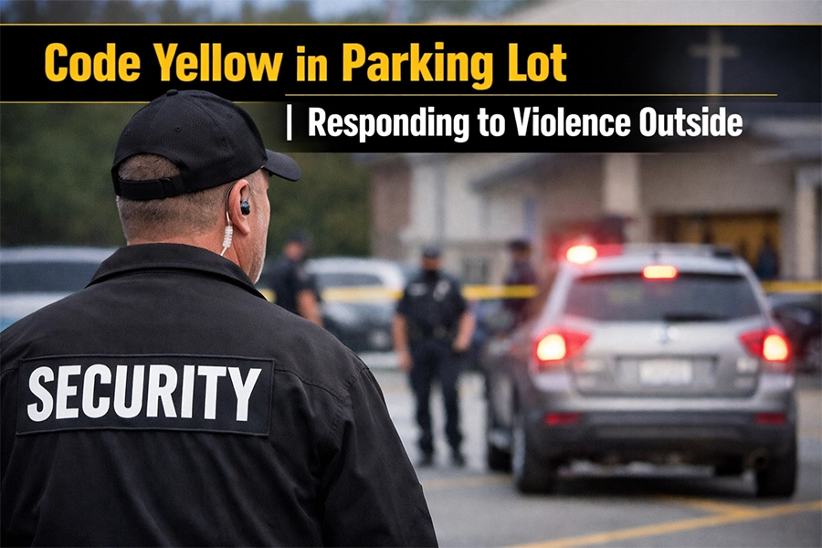 Church security team member monitoring a parking lot scene with police presence and emergency lights outside a church building.