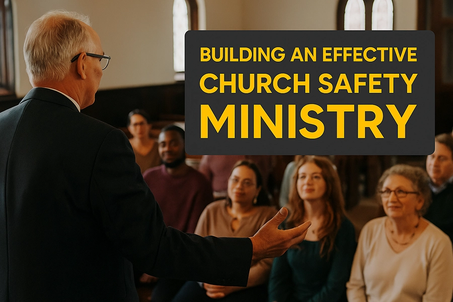 Building an Effective Church Safety Ministry Church leader addresses diverse congregation with bold title overlay: “Building an Effective Church Safety Ministry.