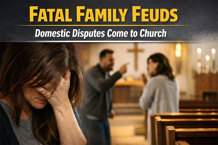 Distressed woman in foreground inside a church sanctuary while a blurred couple argues near the altar, highlighting domestic conflict in a worship setting.