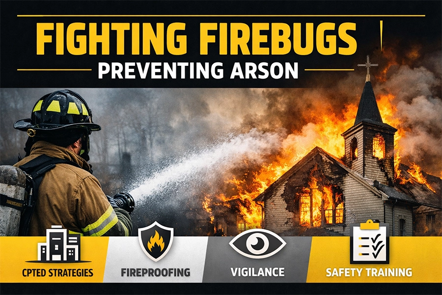 Landscape promotional image showing a firefighter actively spraying water on a burning church building at night. Bold yellow and white title text reads “Fighting Firebugs | Preventing Arson” above the scene, with visual icons along the bottom representing CPTED strategies, fireproofing, vigilance, and safety training.