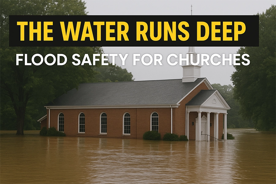 A brick church partially submerged in floodwaters under a gray sky, with bold yellow and white text reading “The Water Runs Deep | Flood Safety for Churches.”