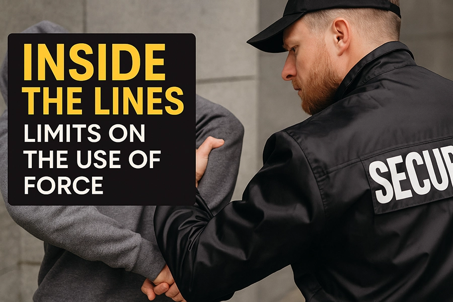 Inside the Lines Security guard escorting a hooded man away from a facility
