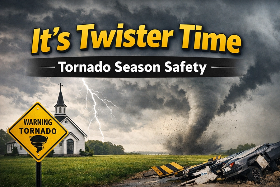 A dramatic storm scene shows a large tornado forming near a rural church, with lightning in dark clouds, a warning sign in the foreground, and debris scattered across the ground.