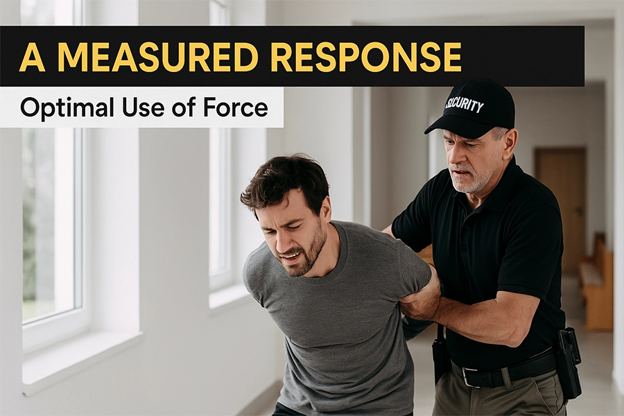 A church security officer restrains a distressed man in a bright hallway. Bold yellow-and-black text reads “A Measured Response | Optimal Use of Force” above the scene.