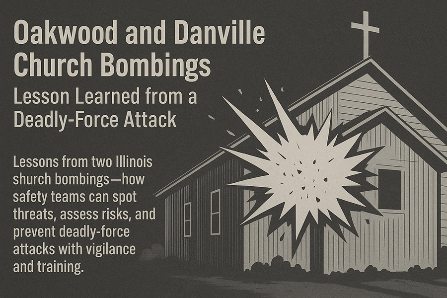 Stylized wooden church with a steeple and cross is depicted. A large white explosion graphic bursts from the church wall.