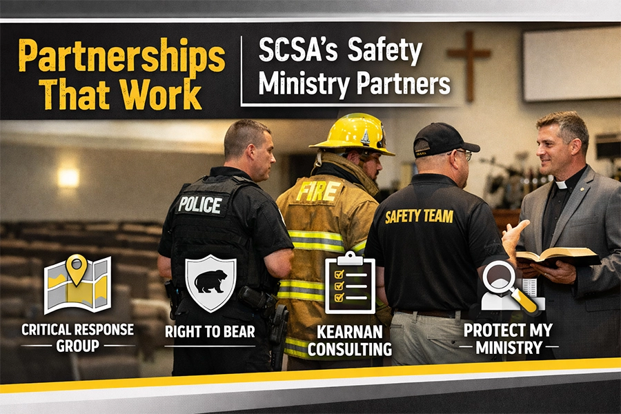 Landscape banner showing a church safety team with a police officer, firefighter, and pastor collaborating inside a sanctuary, with bold text highlighting SCSA’s Safety Ministry Partners.