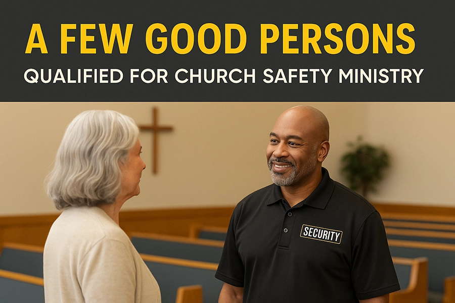 A middle-aged male church security officer wearing a black polo shirt with a “SECURITY” patch smiles while talking with an older woman inside a church sanctuary. Wooden pews, a cross on the wall, and soft lighting create a calm, welcoming atmosphere. The banner above reads: “A Few Good Persons | Qualified for Church Safety Ministry” in bold yellow and white text on a dark background.