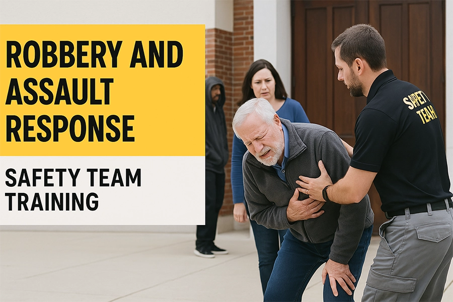 A church safety training scene showing a Safety Team member assisting an older man outside a church entrance after an incident, with bold yellow and white text reading “Robbery and Assault Response | Safety Team Training.