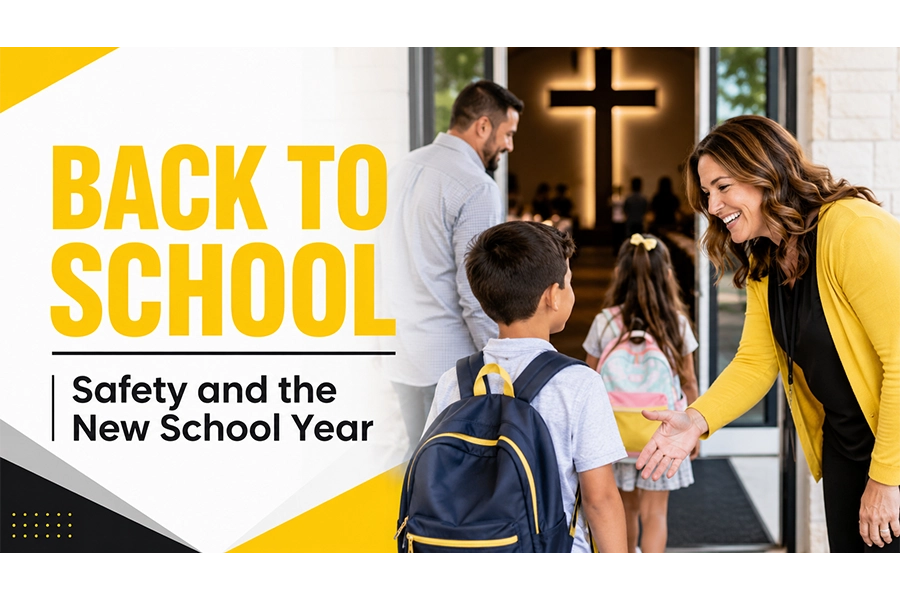 A welcoming church back-to-school scene featuring children with backpacks entering the church as a smiling volunteer greets them, with a cross visible in the background.