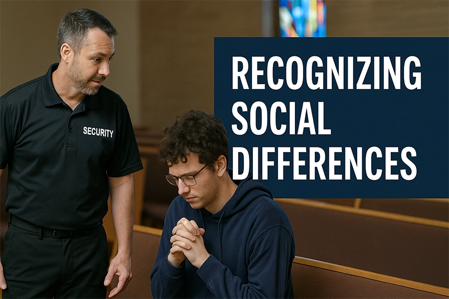 Recognizing Suspicious Behavior vs. Social Differences Inside a church sanctuary featuring a security team member in a black uniform labeled SECURITY engaging with a seated young man.