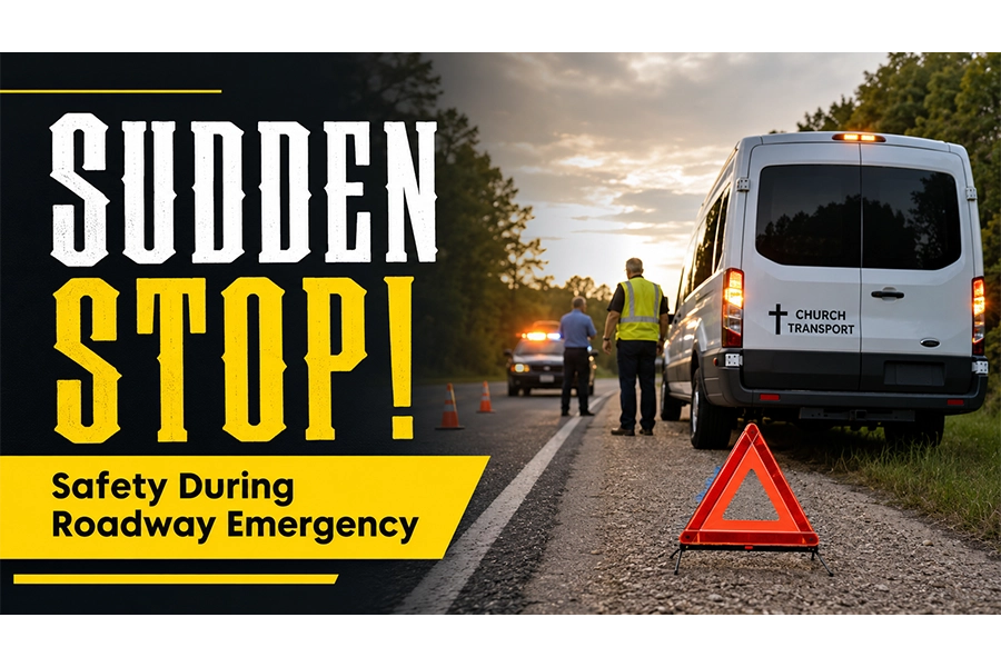 A church transport van is safely pulled over during a roadway emergency, with cones, a warning triangle, responders, and bold “Sudden Stop!” safety text.