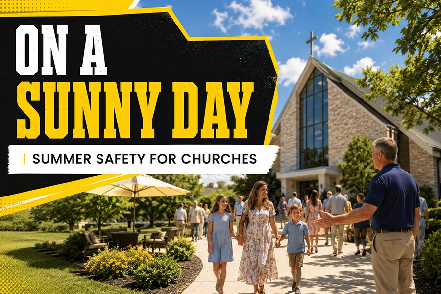 A bright summer church scene featuring families walking toward a church entrance under a sunny blue sky, with welcoming outdoor landscaping and bold title text promoting summer safety for churches.