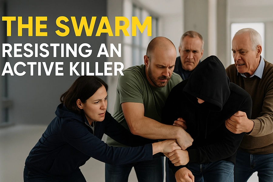 The Swarm Resisting an Active Killer A landscape-oriented photo showing five adults actively subduing an attacker inside a modern church or public building. The individuals are dressed in casual or safety team attire and are working together to restrain the assailant, showcasing coordinated movement and urgency.