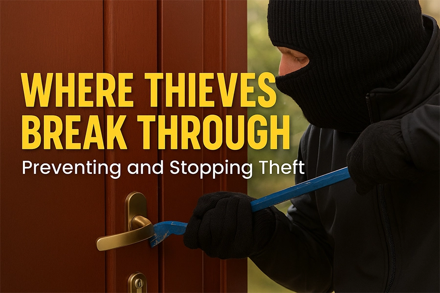 Where Thieves Break Through Security guard escorting a hooded man away from a facility