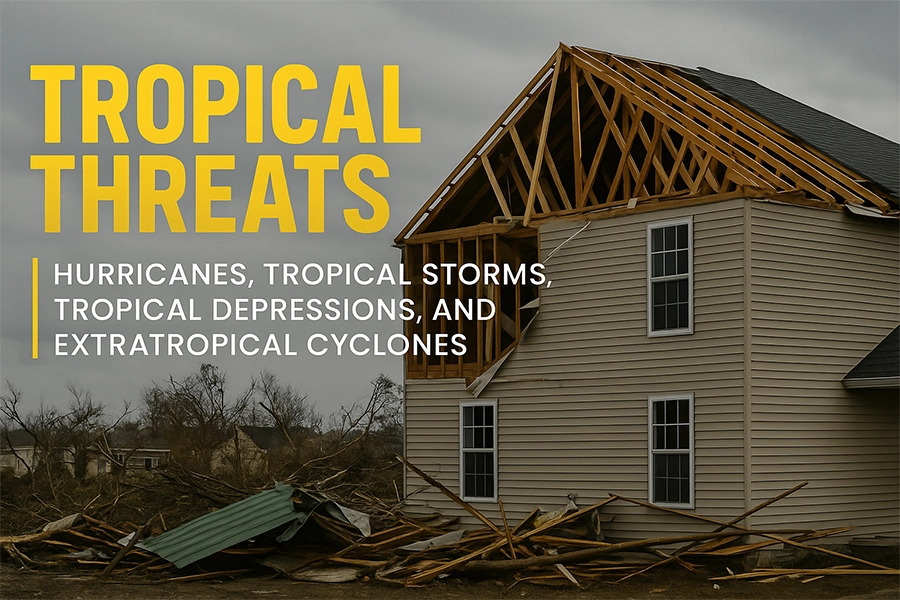 Tropical Threats House with missing a partial missing roof and siding because of a tropical storm