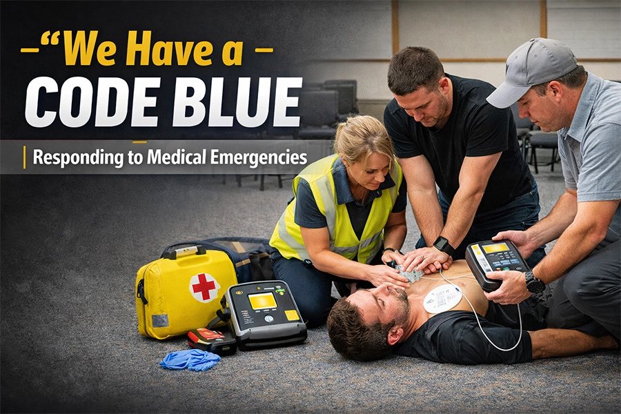 Landscape image of trained responders performing CPR and AED use on an unconscious man indoors, with medical gear visible, illustrating a Code Blue medical emergency response.