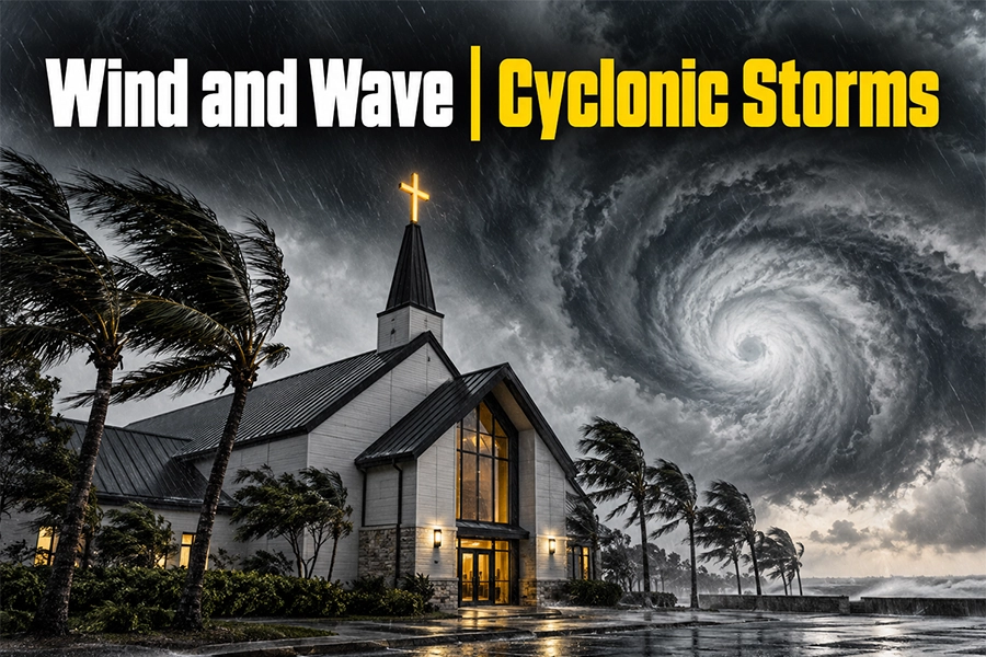 A church stands beneath dark, swirling cyclonic storm clouds as heavy rain and strong winds bend nearby palm trees. Bold white and yellow text reads, “Wind and Wave | Cyclonic Storms.”